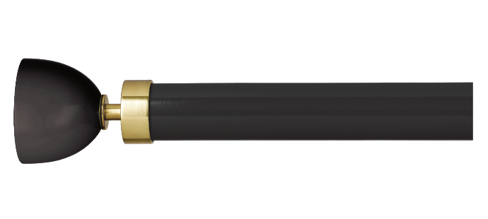 Black curtain pole in high gloss black with contemporary metallic gold finish and matching finials – side left view.   