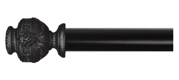 Black curtain pole with waxed black finish and ornate finials in heritage country manor style – side left view.   
