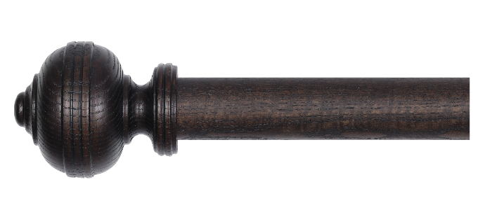 black curtain pole and finials in rustica burnt oak finish with natural visible wood grain– side left view.  
