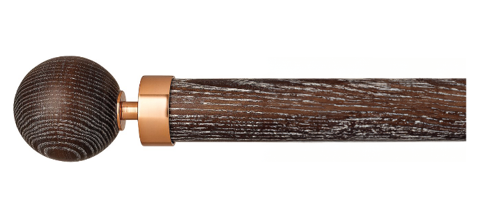  Wooden curtain pole washed smoked oak finish with finials – side left view with gold accents and visible whitewash