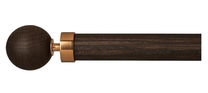  Wooden curtain pole washed toasted oak with finials – side left view with luxury dark finish. 