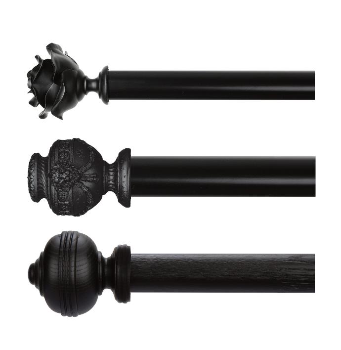 Three black curtain poles with floral, traditional and heritage decorative finials showing truncated view on white background.