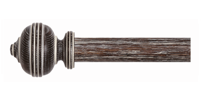 Wooden curtain pole in smoked oak rustic finish with finials – side left view with distressed hand finished texture.  
