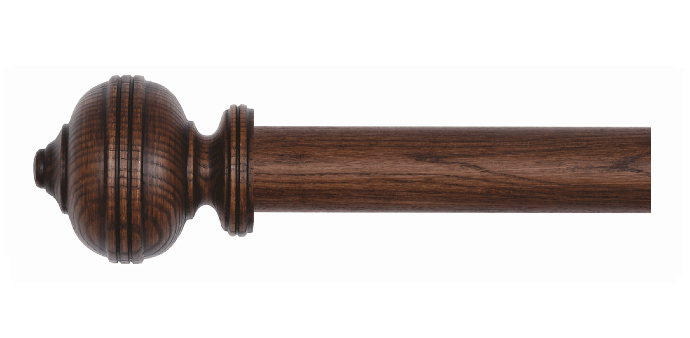  Wooden curtain pole in treated smoked oak finish with finials – side left view with traditional dark finish.